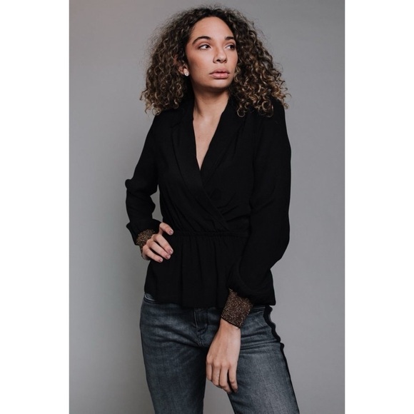 JUST FEMALE • Black Lauren Blouse Gold Accents Top - Picture 3 of 12